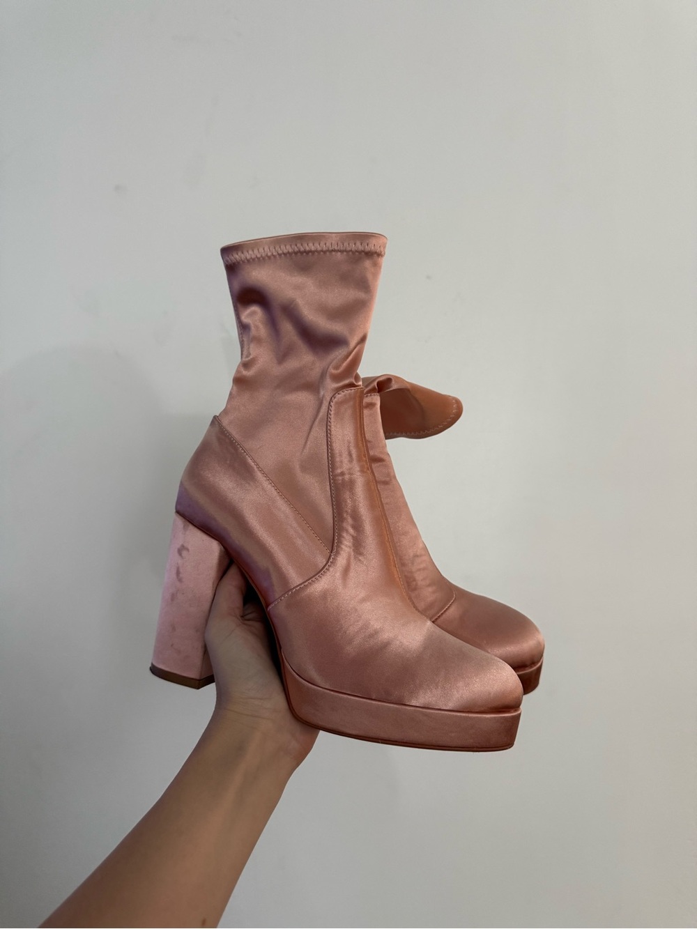 Satin Pink Platform Ankle Boots with Block Heel
